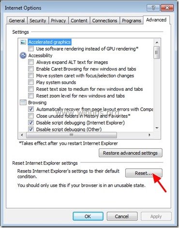 Advanced > Reset internet explorer - wintips.org