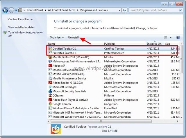 remove certified toolbar - protected search