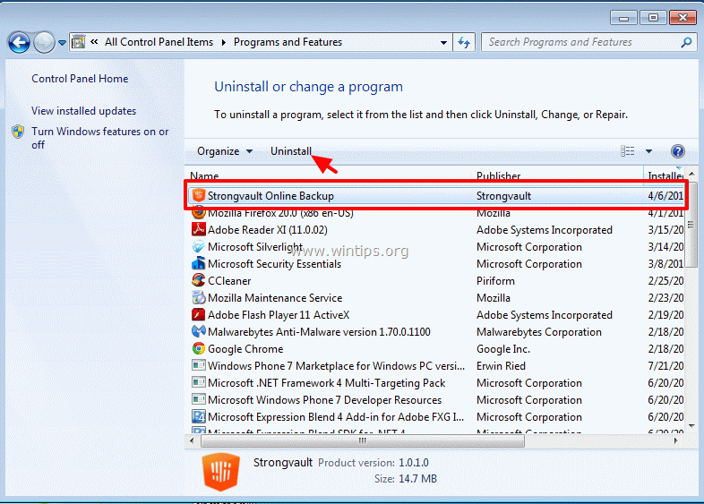 how to uninstall strong vault on windows 7