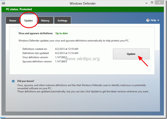 Update Windows Defender - www.wintips.org