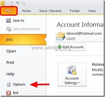 outlook 2010 file options