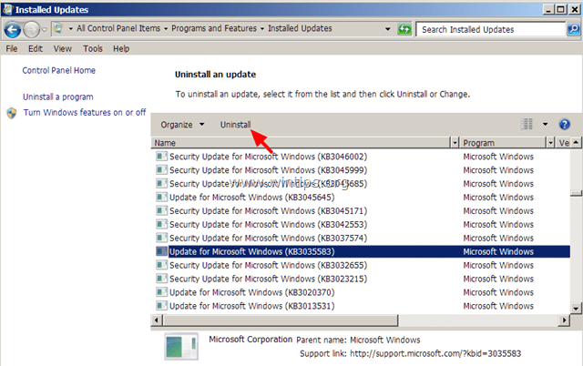 uninstall Windows Update KB3035583