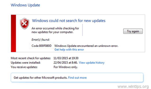 fix Windows update 800f080d error