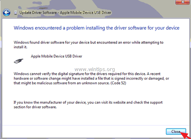 windows encountered a problem installing iphone
