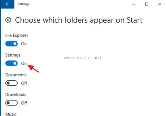 Enable Settings icon Windows 10
