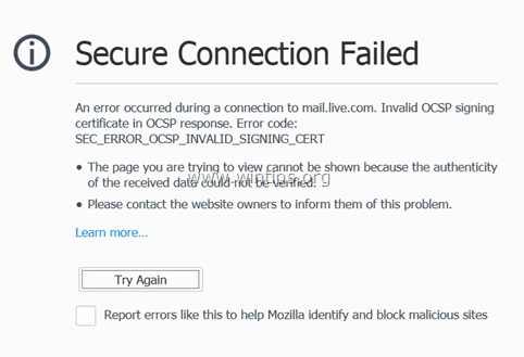 Korjaa: Firefoxin Secure Connection Failed -virhe Hotmail- ja HTTPS-sivustoissa.