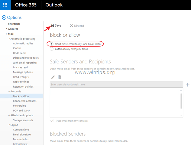 disable junk filter Office365 Mail