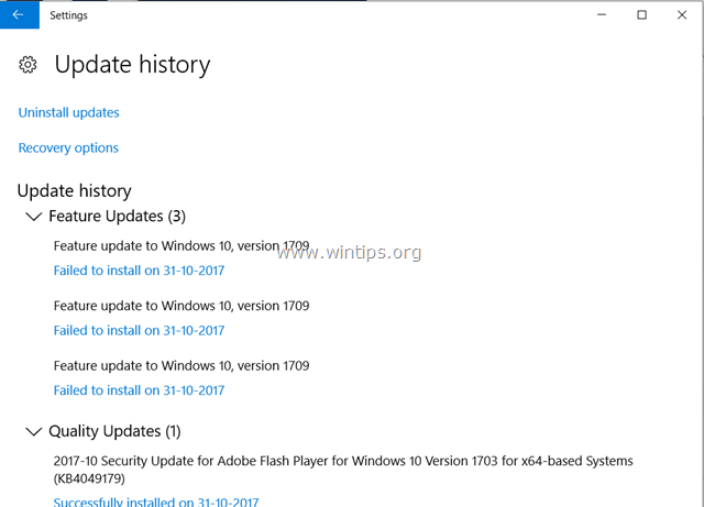 Windows 10 Update 1709 fails to install