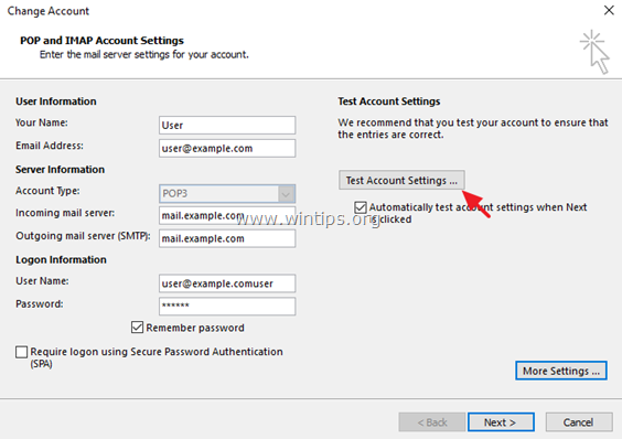 Test Account Settings Outlook