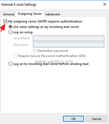 Outlook Outgoing Server Authentication