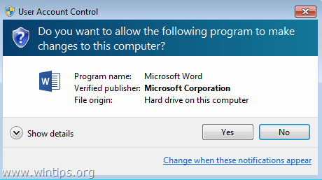 disable Do you want to allow the following program to make changes to this computer Word 2013 