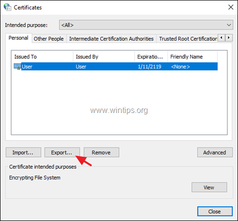 export efs decryption key certificate