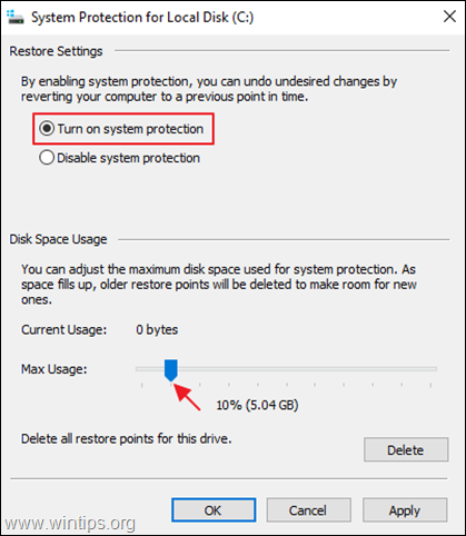 Enable system protection windows 10