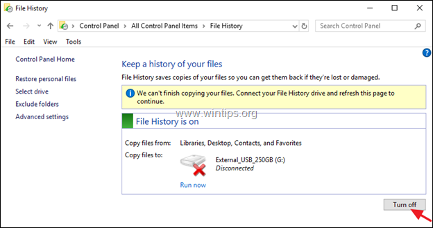 turn off file history