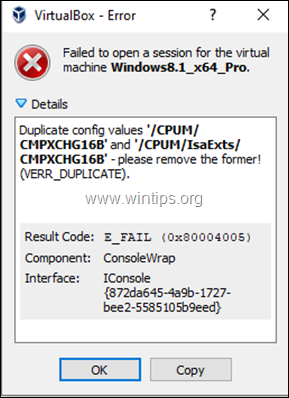 VirtualBox failed to open session - Duplicate config values '/CPUM/CMPXCHG16B' 