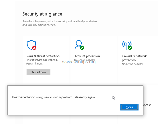 Windows Defender Threat Service has stopped. Restart it now 