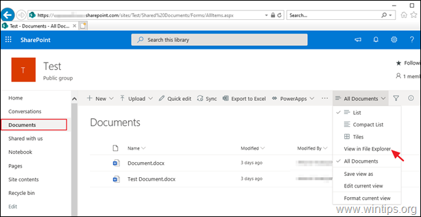 SharePoint Documents > View in File Explorer