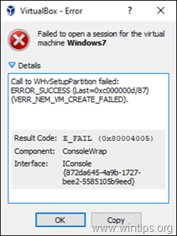 FIX VirtualBox Error: Call to WHvSetupPartition failed: ERROR_SUCCESS 