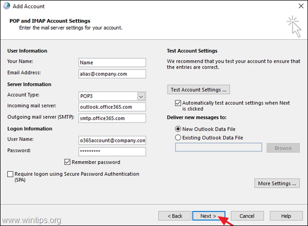 Outlook settings for Office 365 email aliases