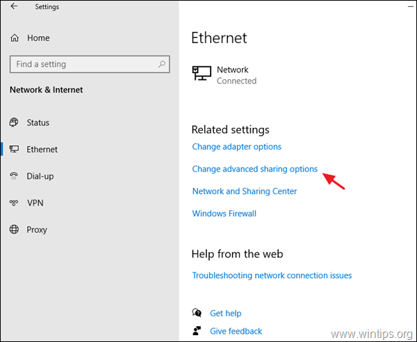 Change advanced sharing options Windows 10