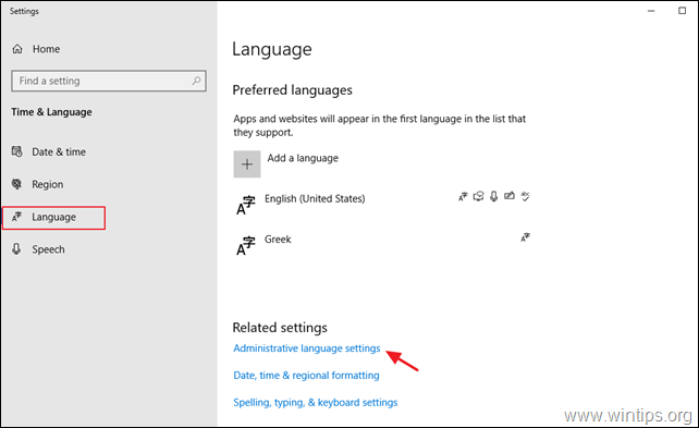 Administrative language settings - Windows 10