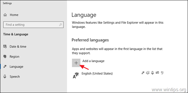 Add a language in Windows 10