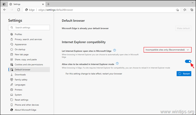 Allow sites to reload in Internet Explorer mode 