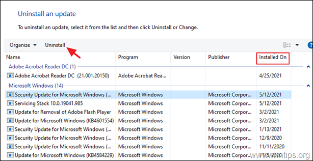 uninstall updates windows 10