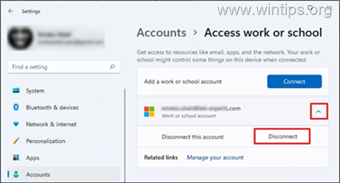 Remove Microsoft Account from “Access Work or School”