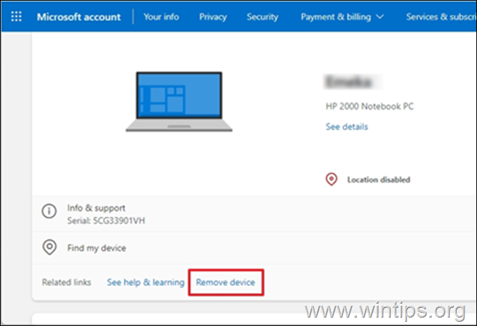 Remove the device from your Microsoft account settings