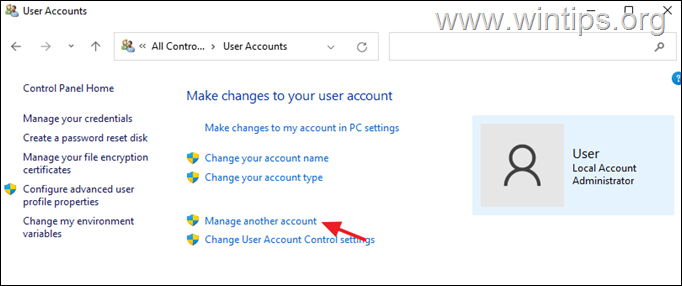 control panel user accounts manager another account