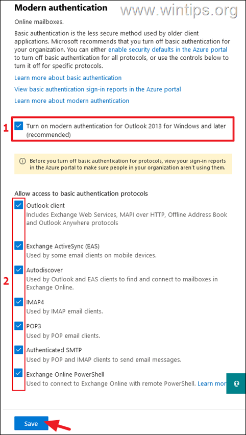 enable modern basic authentication office 365 admin center