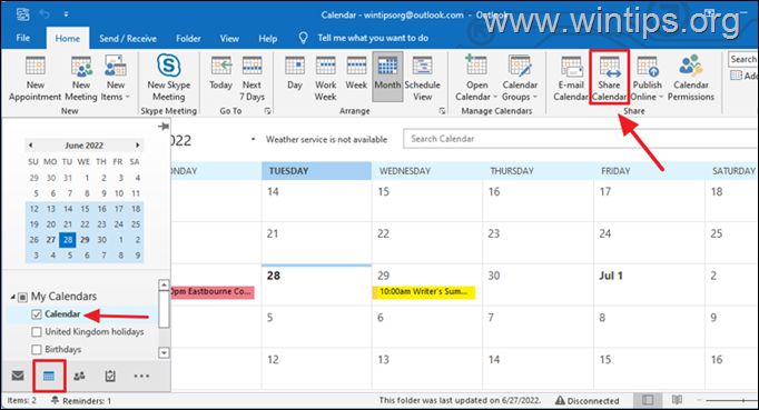 How to share a calendar in Outlook for desktop.