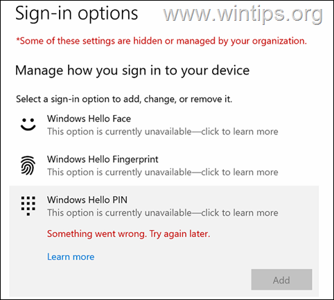 Windows Hello PIN option is currently unavailable on Windows 10/11