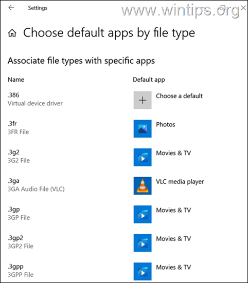 Select default app for a file type windows 10