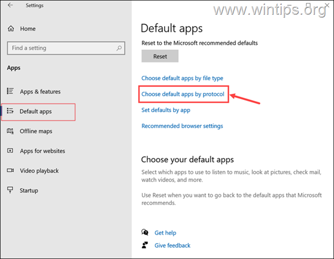Choose default apps by protocol windows 10