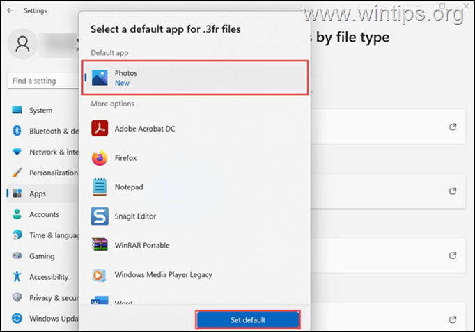 Select default app for a file type windows 11