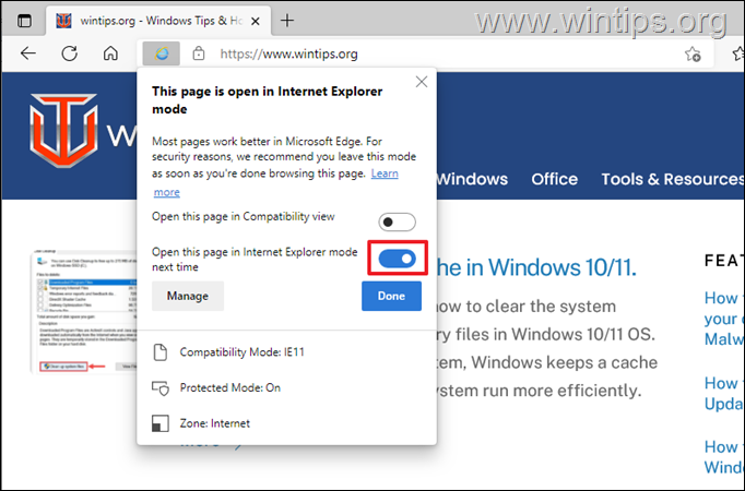 Open webpage in Internet Explorer Mode on EDGE