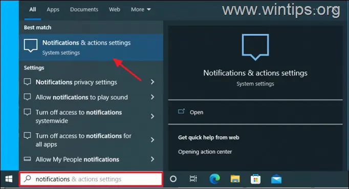 notifications and actions settings windows 10