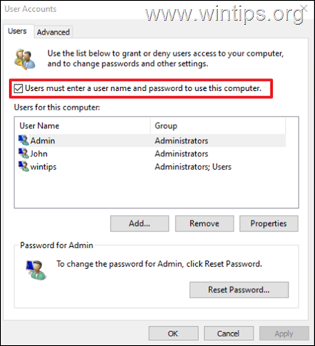 must enter a user name and password to use this computer 