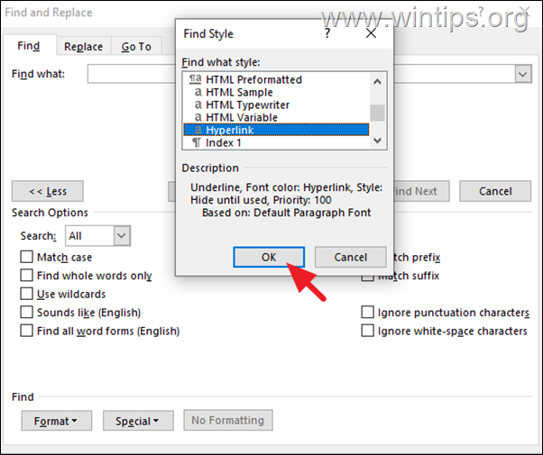 How to find Word hyperlinks with Find and Replace
