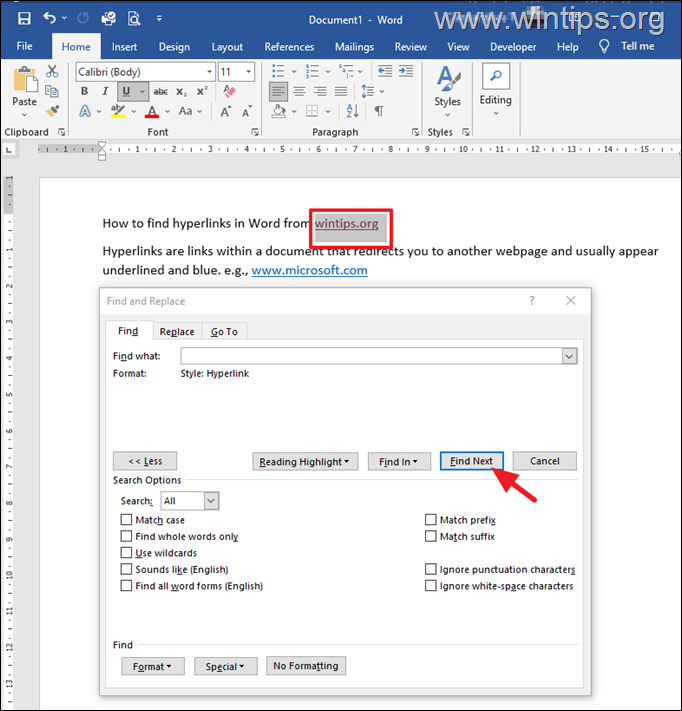 How to View Word hyperlinks with Find and Replace