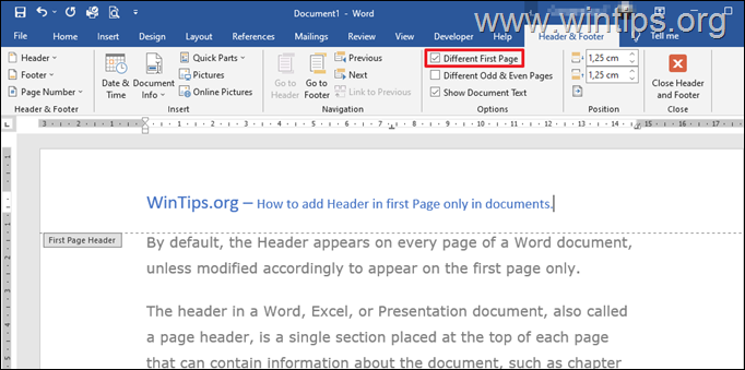 insert header on first page in word