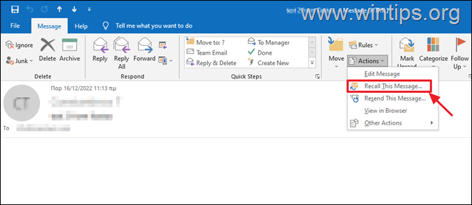 Recall Email Message in Outlook.