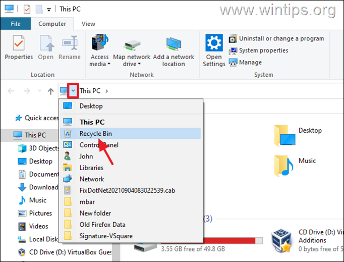 Open Recycle Bin with File Explorer