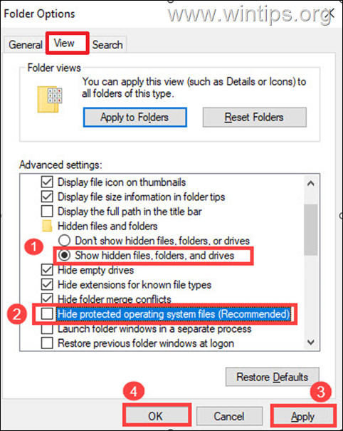Show hidden files and protected system files