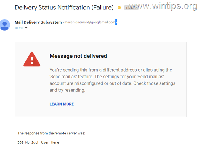 FIX: Google Send mail as error 550 No Such User Here 