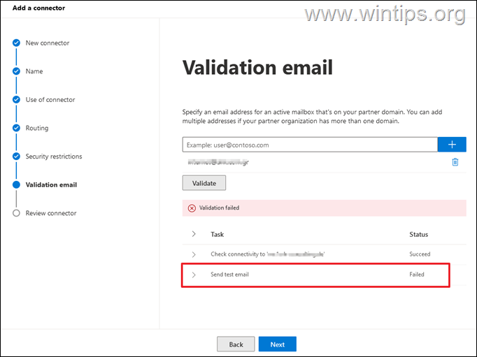 Office 365 Connector Validation Failed: Sent test mail failed