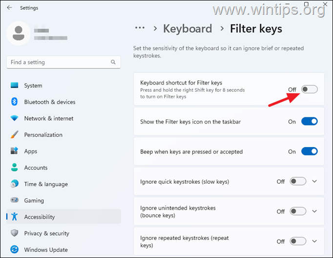 Disable Filter keys feature