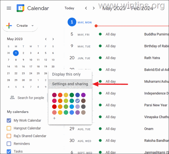 google calendar sharing settings
